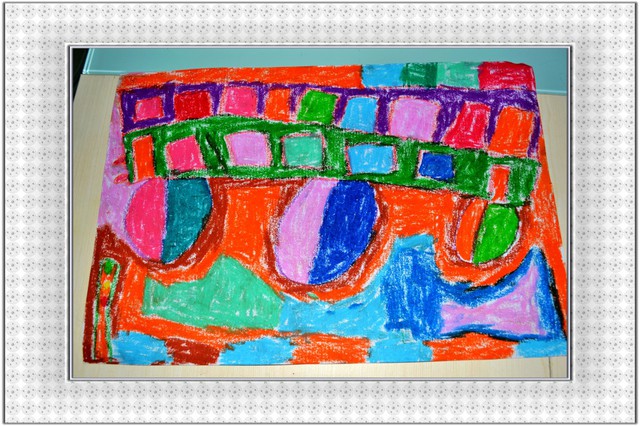绘画主题:公交车及彩色石子路