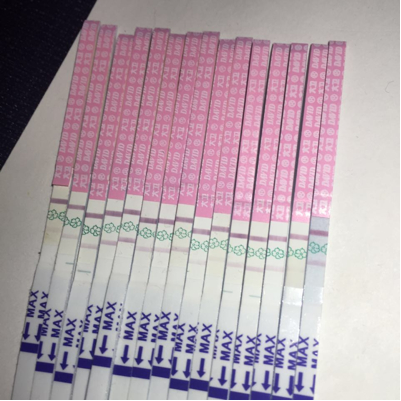 八号来的月经 排卵期二十号和22号有同房 前几天肚子一阵一阵疼 这几天老腰疼和胸涨的很疼 这是排卵试纸大家帮我看看从左到右看 这是怎么回事 宝宝树
